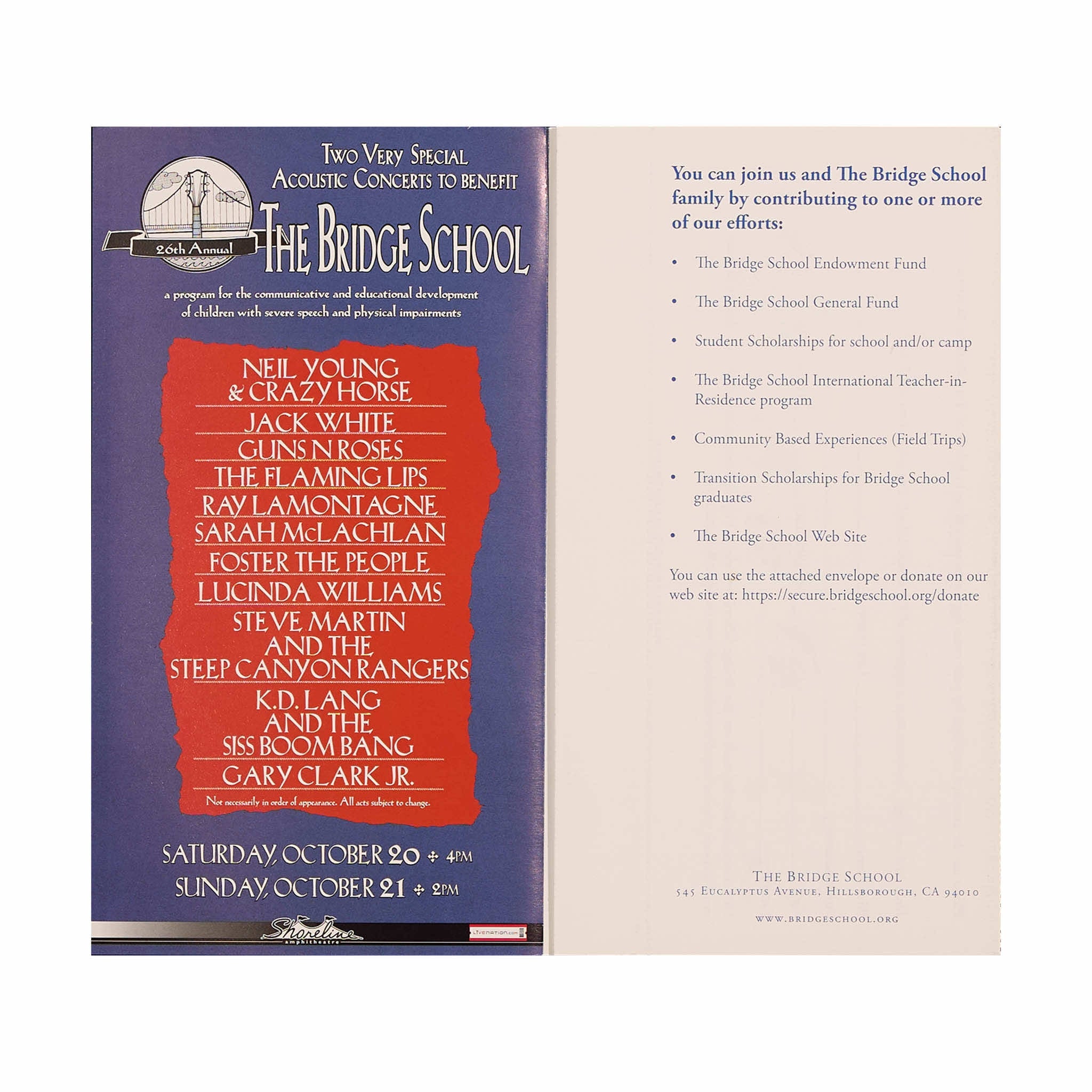 2012 - 26th Annual Bridge School Benefit concert program