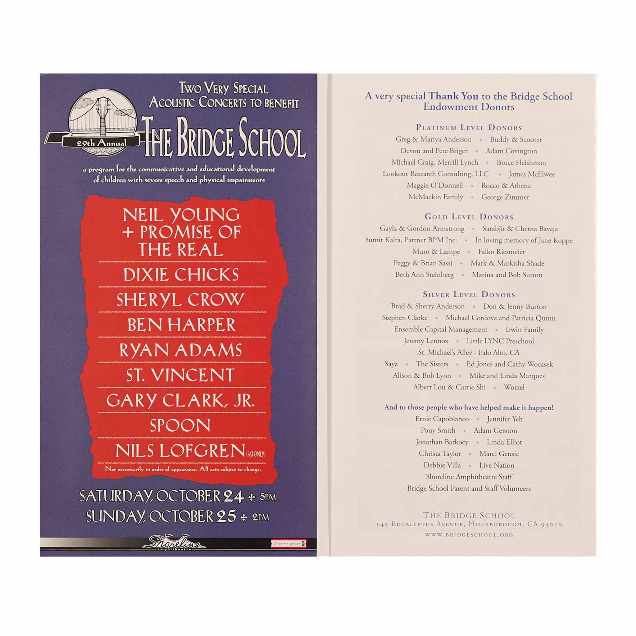 2015 - 29th Annual Bridge School Benefit concert program